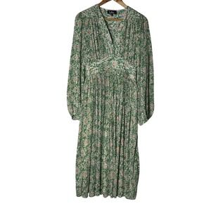Lulus Dress M Garden Dancer Green Floral Pleated Midi Long Balloon Sleeve